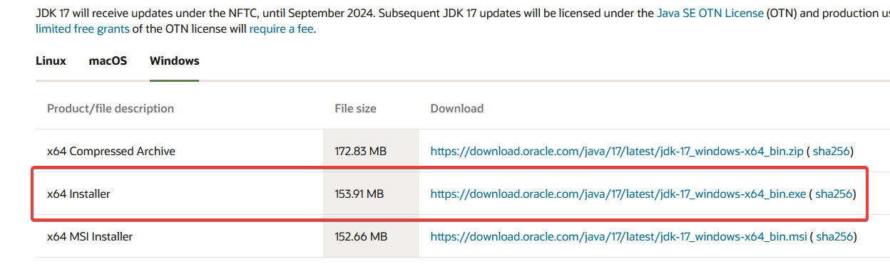 Screenshot of the Oracle website, highlighting the download button