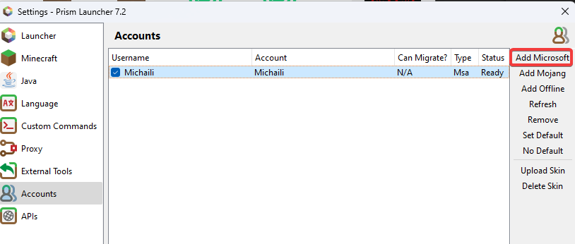 Screenshot of the Prism Launcher