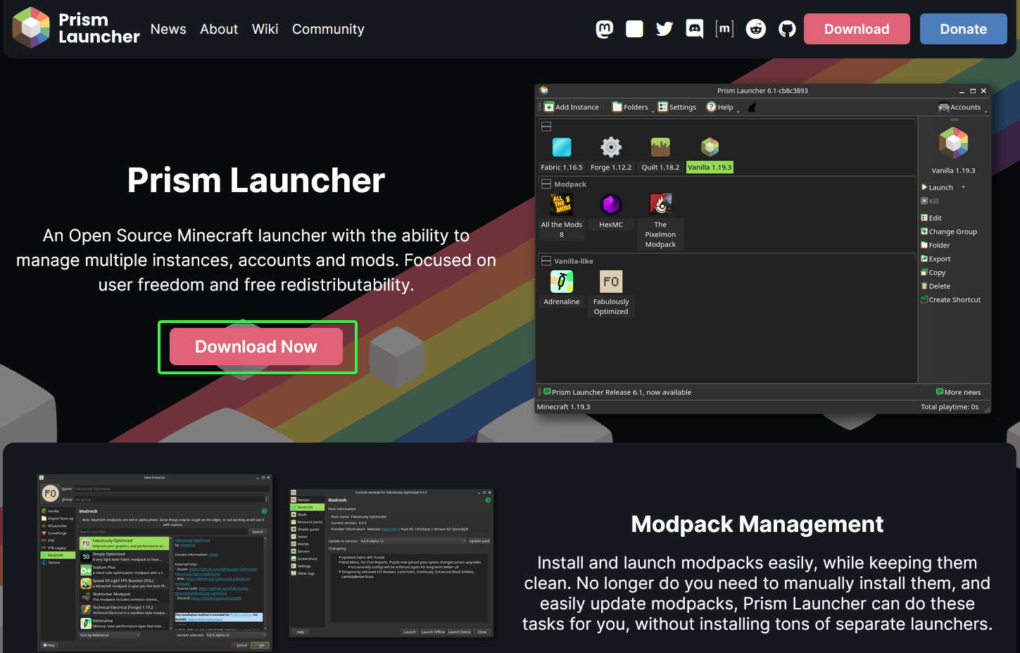 Screenshot of the Prism Launcher website, highlighting the download button
