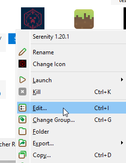 Screenshot of Prism Launcher, with the Edit button in the context menu highlighted