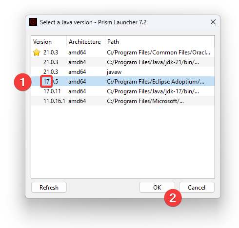 Screenshot of the Java version screen from Prism Launcher