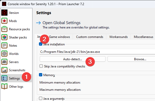 Screenshot of the Prism Launcher instance settings